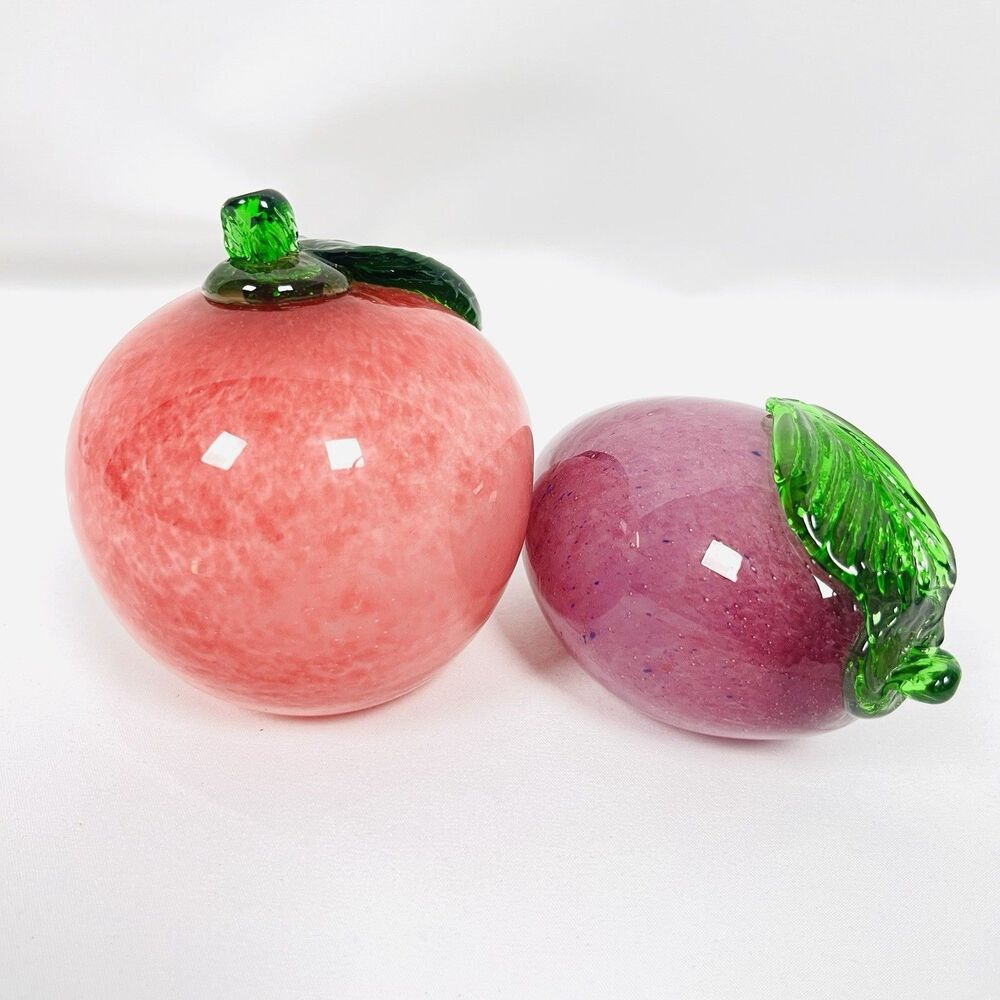 Hand Blown Art Glass Apple & Plum Paperweights Fruit Figurines Decor Set of 2